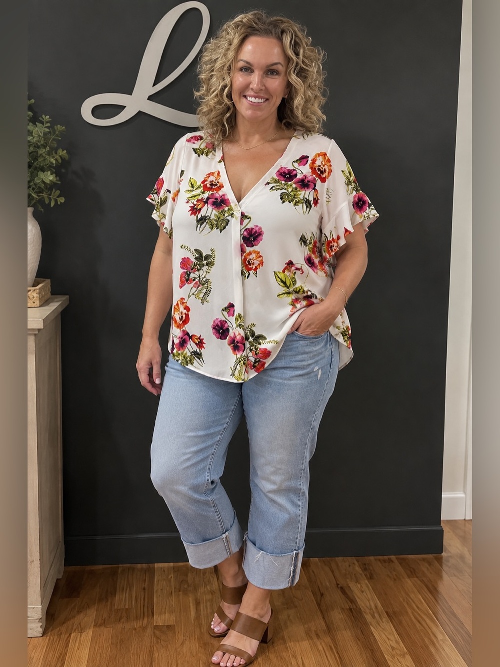 New York & Company White Floral V-Neck Flutter Sleeve Blouse